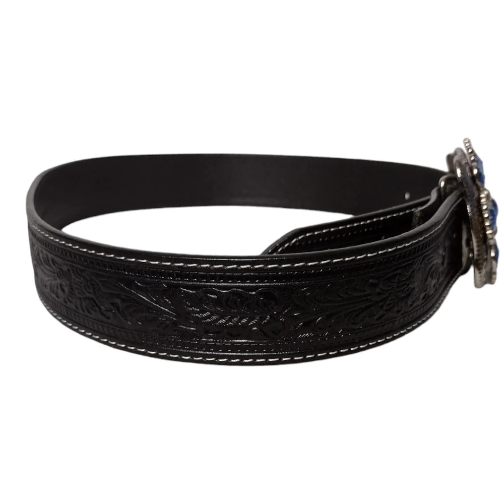 Roper Rhinestone Snap On Buckle Tooled Leather Belt
